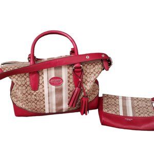 COACH LEGACY Red/Khaki Jacquard Signature Stripe Molly w/Bonus makeup bag